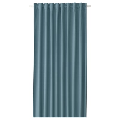 A teal room-darkening curtain with a rod-pocket design. Its rectangular and made from 100% recycled polyester.