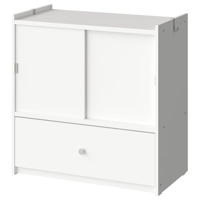 White BRUKSVARA furniture; sliding doors, drawer, hooks, minimalist design.