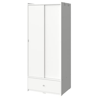 White BRUKSVARA wardrobe with rail, shelf, drawer, & hooks for versatile storage.