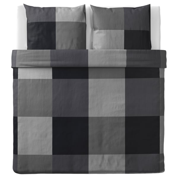 Gray BRUNKRISSLA bed linen, square pattern, cotton-viscose blend, flat layout.