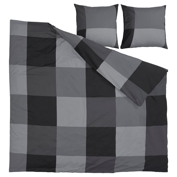 BRUNKRISSLA Duvet cover and 2 pillowcases, black, 240x220/80x80 cm