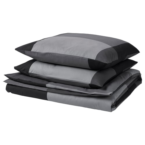 BRUNKRISSLA Duvet cover and 2 pillowcases, black, 240x220/80x80 cm