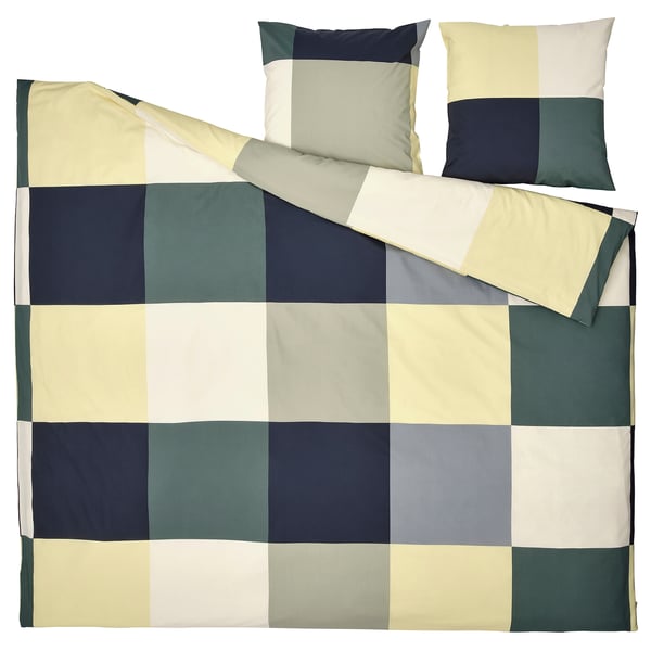 BRUNKRISSLA bedding set in blue, white, and beige checks. Includes duvet cover and pillowcases. Soft cotton/viscose blend.