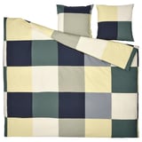 BRUNKRISSLA bedding set in blue, white, and beige checks. Includes duvet cover and pillowcases. Soft cotton/viscose blend.