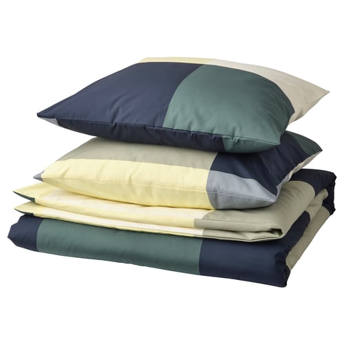 BRUNKRISSLA bedding set - chequered yellow, blue, green, folded, cotton/viscose.