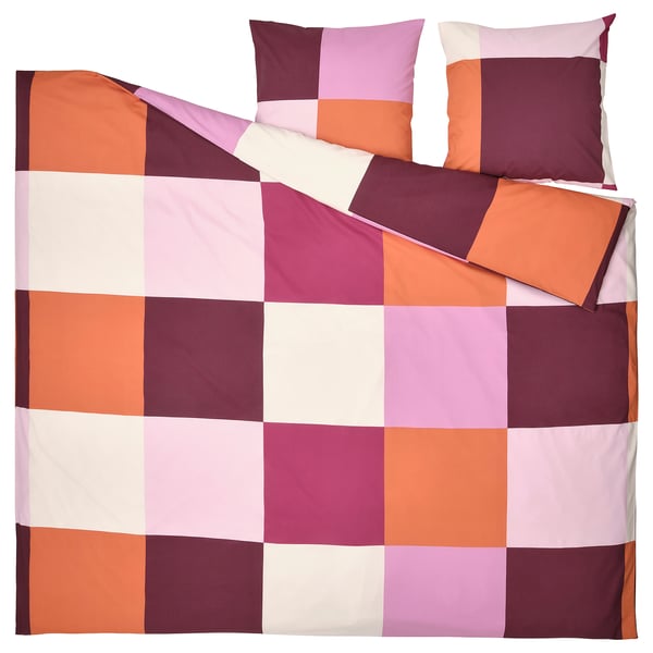 BRUNKRISSLA bedding set, checkered orange-pink pattern, soft cotton blend, square pillows.