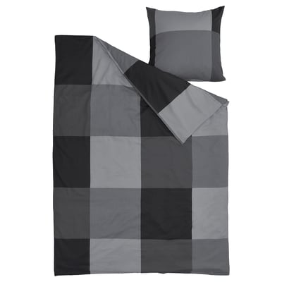 Grey duvet set with cotton viscose check pattern, soft and breathable.