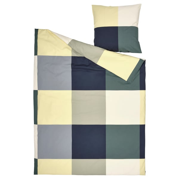 BRUNKRISSLA duvet set, multicolored squares, cotton/viscose, rectangle with pillow.