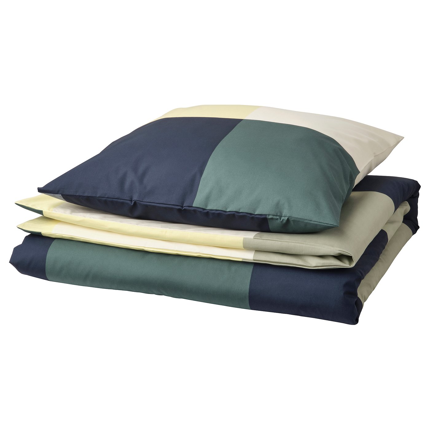 BRUNKRISSLA duvet set, geometric squares in navy, teal, beige. Rectangular bedding, cotton-viscose blend.