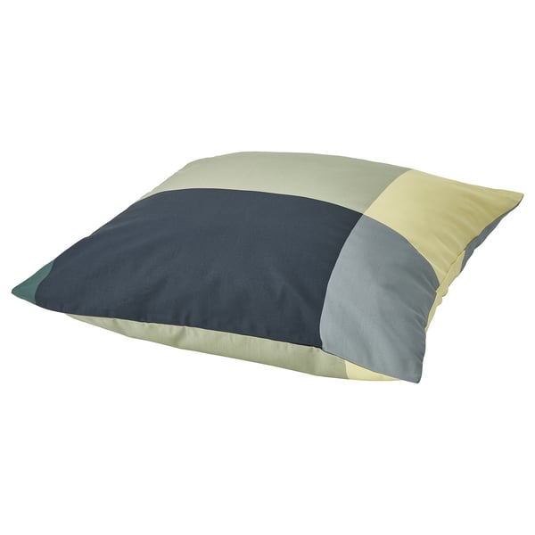 BRUNKRISSLA pillowcase: blue, green, and beige squares, soft cotton-viscose blend, square shape, zip closure.