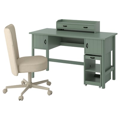 BRYTNING Desk and storage combination, and swivel chair green/beige, 135x53 cm