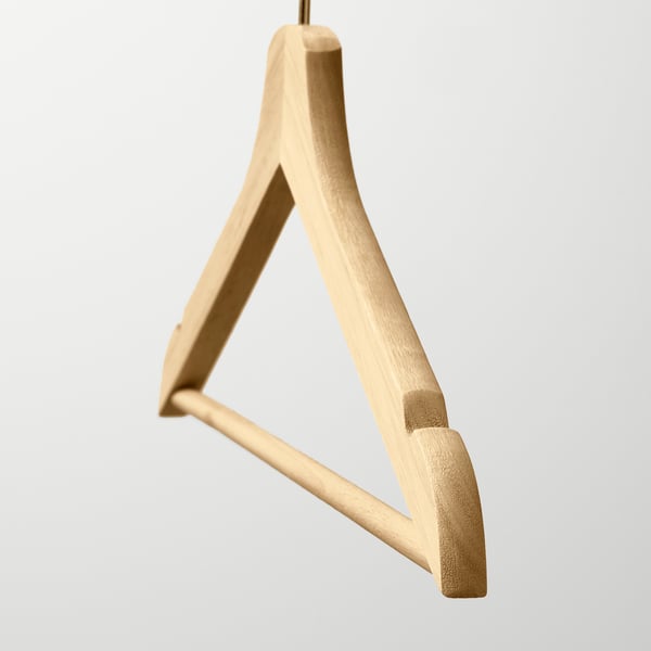 A high-quality wooden hanger, gleaming with polished finish, designed to keep clothes neat and organized.
