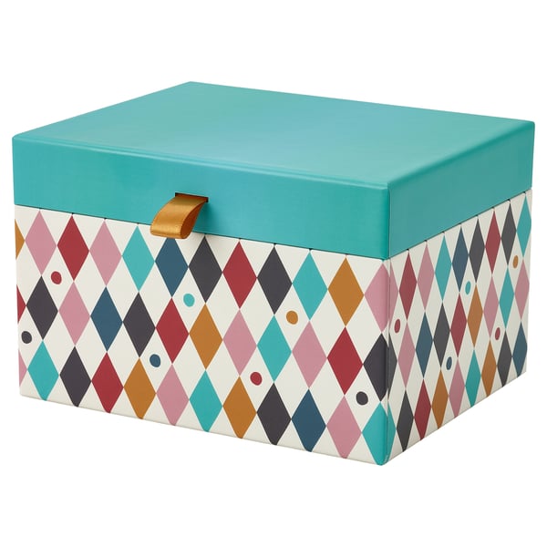 Colorful, diamond-patterned turquoise box with lid and gold clasp for storage.