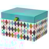 Colorful, diamond-patterned turquoise box with lid and gold clasp for storage.