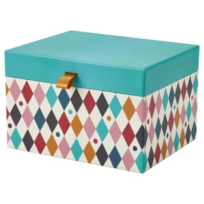 Colorful, diamond-patterned turquoise box with lid and gold clasp for storage.