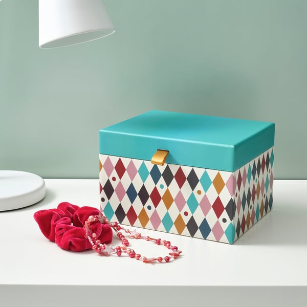 Colorful box with lid, perfect for storing jewelry and accessories. Shallow and deep compartments visible.