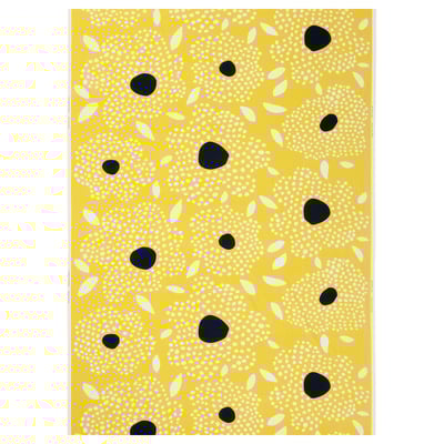 Bright yellow fabric with white and black polka dots and floral shapes, rectangular.