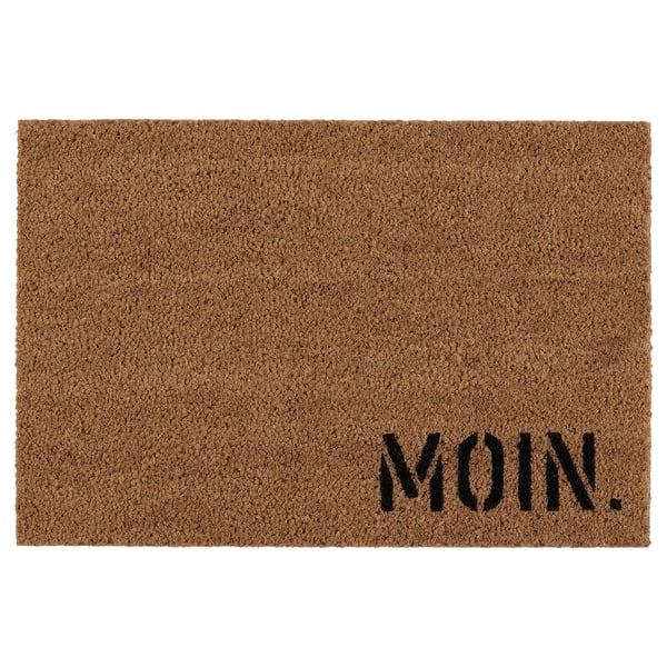 BUSSFÄLT doormat, brown coconut fibre, rectangular with moin. In black.