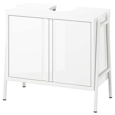 White BYASJÖN under-sink cabinet with glossy finish and metal legs provides hidden storage.