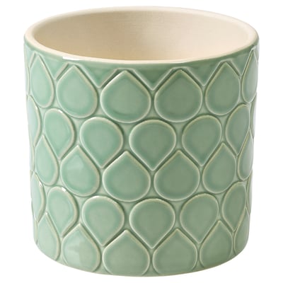 Cylindrical green ceramic planter with leaf pattern, indoor/outdoor.