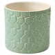 Green ceramic planter, round, textured leaves.
