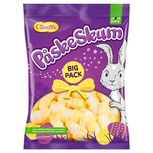Purple package of cloetta paskeskum big pack candy, illustrating yellow and white sweets and a rabbit.