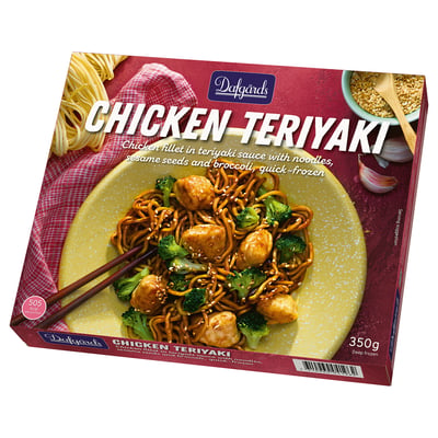 Box of dafgårds chicken teriyaki meal, showing plate of chicken, noodles, and broccoli with chopsticks.
