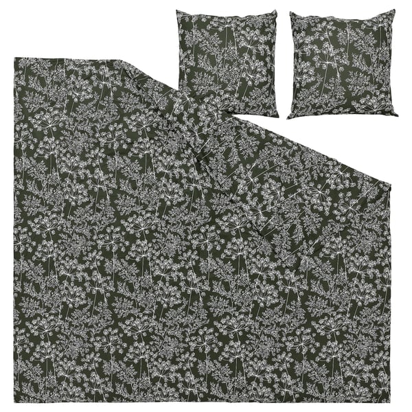 DAGGBJÖRNBÄR Duvet cover and 2 pillowcases, dark green/floral pattern, 240x220/80x80 cm