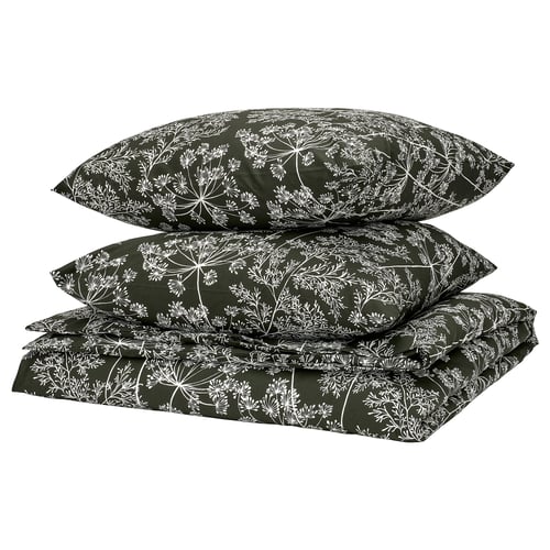 DAGGBJÖRNBÄR: green bedding set, white plant print, rectangular pillows, 50% cotton, 50% lyocell.