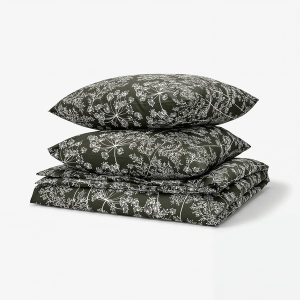 DAGGBJÖRNBÄR Duvet cover and 2 pillowcases, dark green/floral pattern, 240x220/80x80 cm