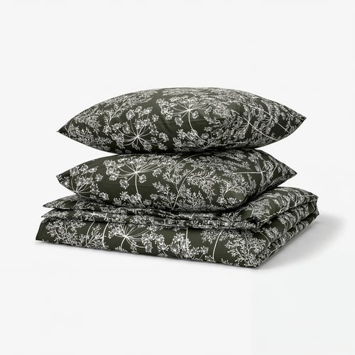 DAGGBJÖRNBÄR Duvet cover and 2 pillowcases, dark green/floral pattern, 240x220/80x80 cm