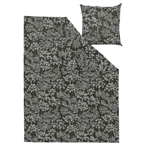 DAGGBJÖRNBÄR Duvet cover and pillowcase, dark green/floral pattern, 140x200/80x80 cm