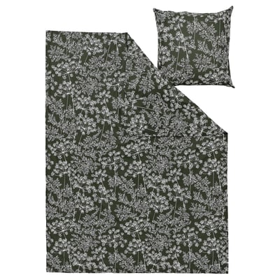 DAGGBJÖRNBÄR Duvet cover and pillowcase, dark green/floral pattern, 140x200/80x80 cm