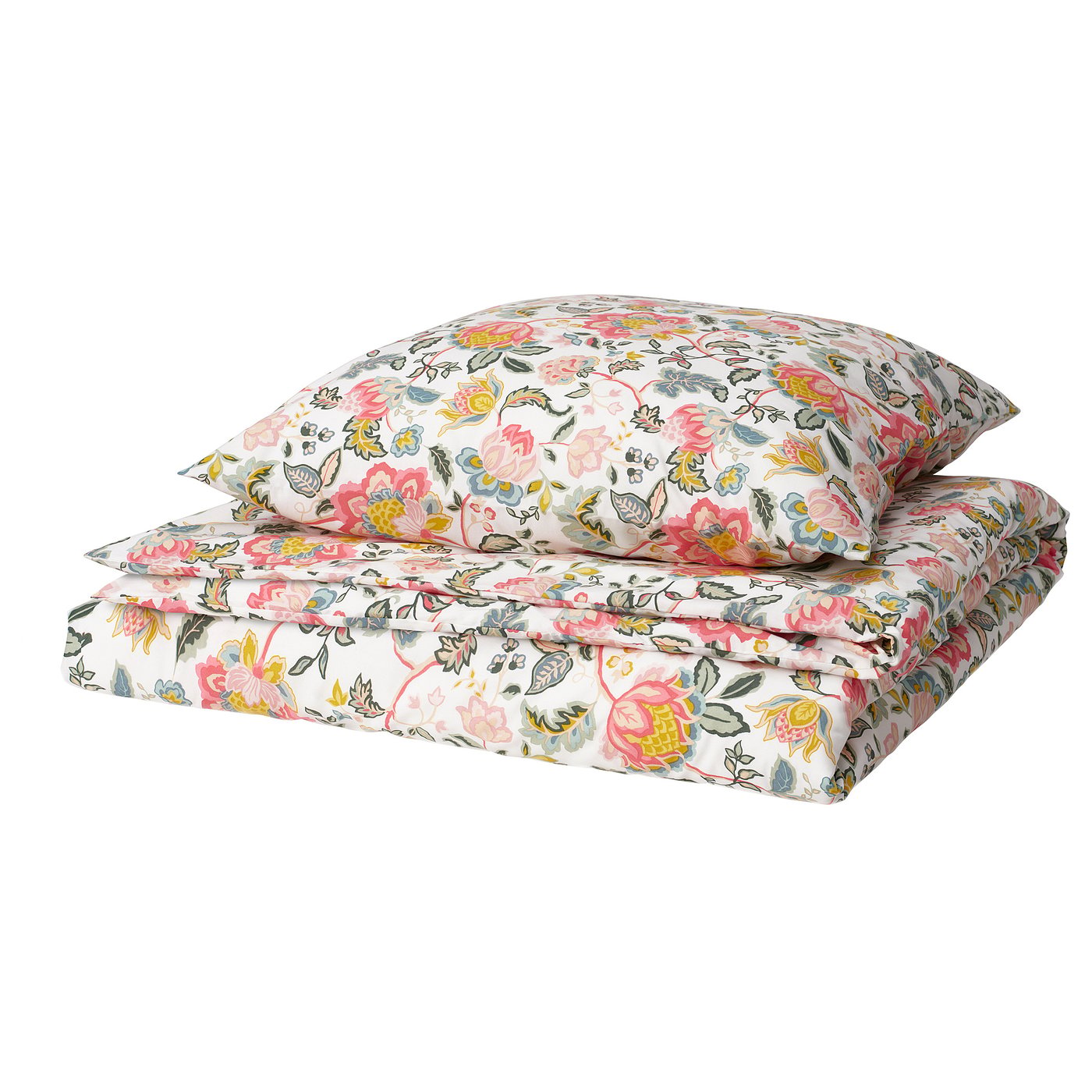 Bright floral-patterned bedding set with pink, yellow, and blue flowers on white background, made from recycled polyester and viscose.