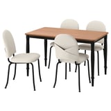 Modern dining set with light fabric chairs and wooden table, elegant design.