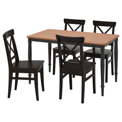DANDERYD: sleek black rectangular dining set with oak top. Four wooden chairs with x-back design, sturdy steel legs.