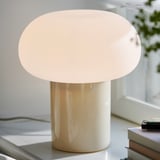 DEJSA lamp, cream, glass, chrome, round shape, soft lighting.