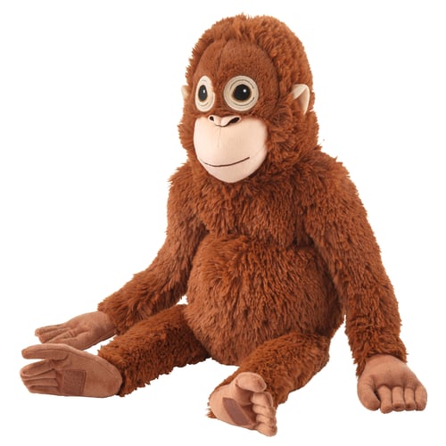 This image a cuddly toy named DJUNGELSKOG, an orangutan. Its brown, soft, with a friendly face, and hangs by hands or feet. Made from polyester.