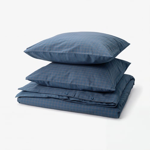 DOFTAKLEJA Duvet cover and 2 pillowcases, dark blue/light brown, 240x220/80x80 cm