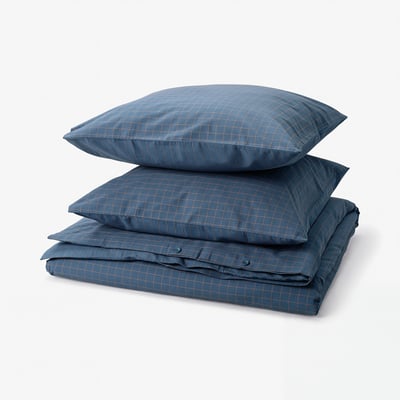 DOFTAKLEJA Duvet cover and 2 pillowcases, dark blue/light brown, 240x220/80x80 cm