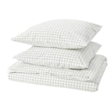 White & gray checkered duvet cover set, 100% cotton, stitched pattern, zipper closure, square corners.