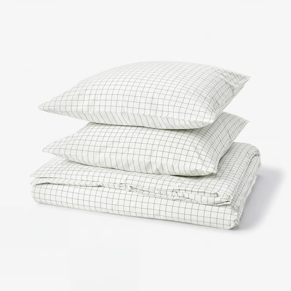 White anthracite chequered duvet set, cotton, stitched/striped patterns.