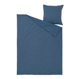 A blue bedding set including a duvet cover and pillowcase, featuring a stitched check pattern, made of 100% cotton.