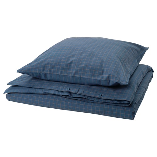 Folded blue cotton duvet cover with check pattern, white background.