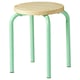 Option: A round, light green DOMSTEN stool with a wooden seat and metal legs. It is stackable and has a modern design.