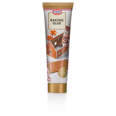 A tube of dr. Oetker baking glue, a food item for decorating gingerbread houses, shown upright.