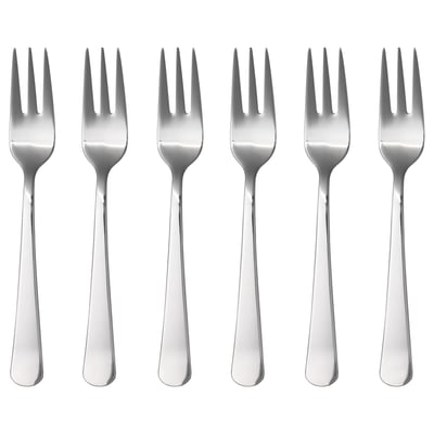 Six shiny silver DRAGON brand salad forks with sleek handles and three prongs, arranged neatly in a row.