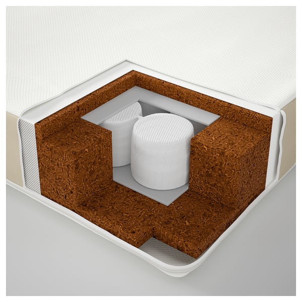 Mattress cross-section: cotton, coir, latex, polyester, steel springs. Comfort & support.