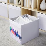 DRÖNA grey organizer with colorful design, stores papers, fits in kallax.