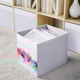 DRÖNA storage bin, grey, fits kallax, holds a4 papers, colorful design.